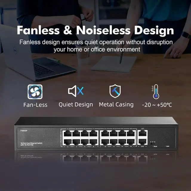 Alt view image 6 of 7 - 16 Port PoE Switch with 2 Gigabit Uplink, 10/100Mbps PoE+ Ports, 100/1000Mbps Uplink, IEEE802.3af/at, Max 200W, VLAN & PoE Extend 250m, YuLinca Metal RackMount Fanless Unmanaged Ethernet Switch