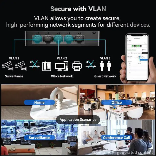 Alt view image 4 of 7 - 5 Port Gigabit Managed Ethernet Switch, Easy Smart Network Splitter with VLAN & QoS, Desktop/Wall Mount, for Small Office Home Network