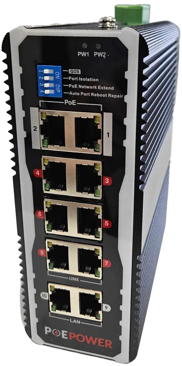 Main image of 8 Port Industrial Gigabit POE Switch for Solar Installs, 12V48V DC Input, POE+ 30W Per Port, 90W-120W Total, TAA Compliant