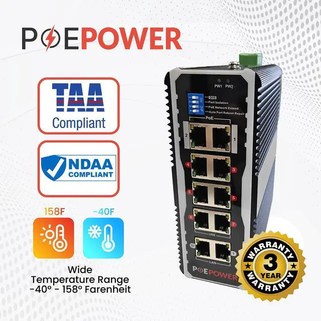 Alt view image 4 of 7 - 8 Port Industrial Gigabit POE Switch for Solar Installs, 12V48V DC Input, POE+ 30W Per Port, 90W-120W Total, TAA Compliant