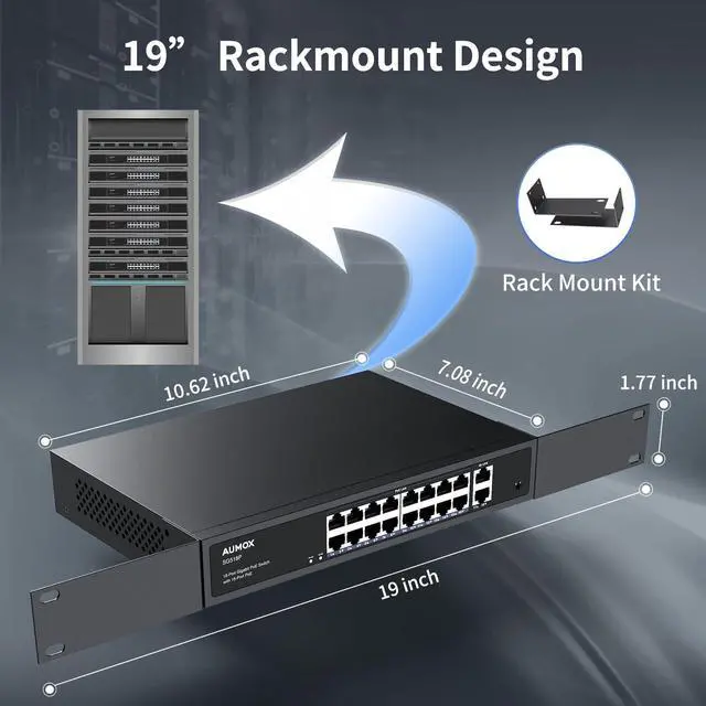 Alt view image 6 of 7 - 18-Port Ethernet Gigabit PoE Switch, 16-Port PoE with 2 Uplink Gigabit Ports, 250W Built-in Power, Metal Casing and 19-inch Rackmount, Traffic Optimization, Plug and Play, Unmanaged