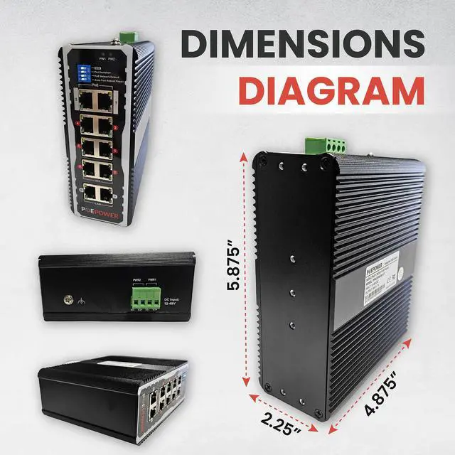 Alt view image 7 of 7 - 8 Port Industrial Gigabit POE Switch for Solar Installs, 12V48V DC Input, POE+ 30W Per Port, 90W-120W Total, TAA Compliant