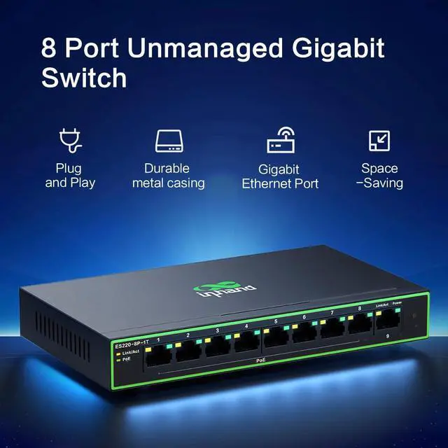 Alt view image 2 of 6 - ES220-8P-1T 9-Port High-Power PoE+ Unmanaged Switch | 8 PoE Ports with 120W Total Output | Fanless Metal Case for High-Density CCTV & AP Deployment