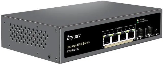 Main image of 6 Port Unmanaged 2.5G PoE Switch with 4 x 2.5G PoE+ Ports @75W, 2 x 10G SFP+, IEEE802.3af/at Compliant, Ports Speed Auto-Negotiation, One-Key VLAN, Plug & Play, Fanless Metal Design