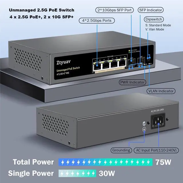 Alt view image 2 of 7 - 6 Port Unmanaged 2.5G PoE Switch with 4 x 2.5G PoE+ Ports @75W, 2 x 10G SFP+, IEEE802.3af/at Compliant, Ports Speed Auto-Negotiation, One-Key VLAN, Plug & Play, Fanless Metal Design