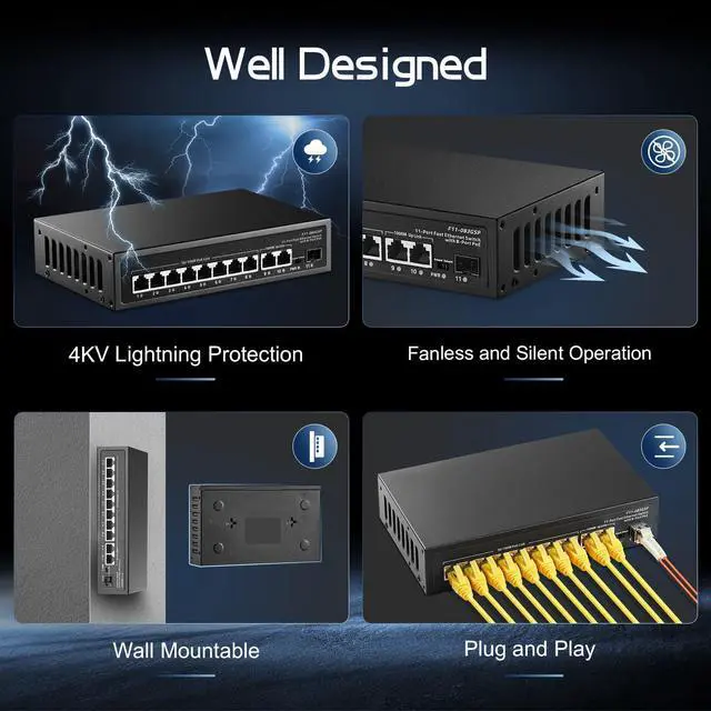 Alt view image 5 of 7 - 11 Port POE Switch, 8 POE+ 10/100Mbps, 2 Gigabit Uplink, 1 Gigabit SFP, IEEE802.3af/at, 135W Power Supply, Metal Case Unmanaged Plug and Play Switch