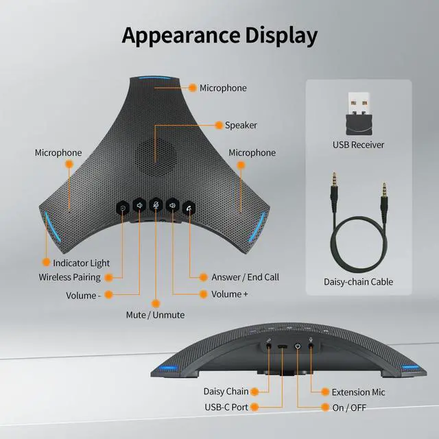 Alt view image 7 of 7 - Conference Speaker and Microphone, Wireless Speakerphone with Daisy Chain, 360° Voice Pickup & AI Noise-Cancellation, Support Bluetooth & USB, Computer Speaker & Mic for Business Meetings