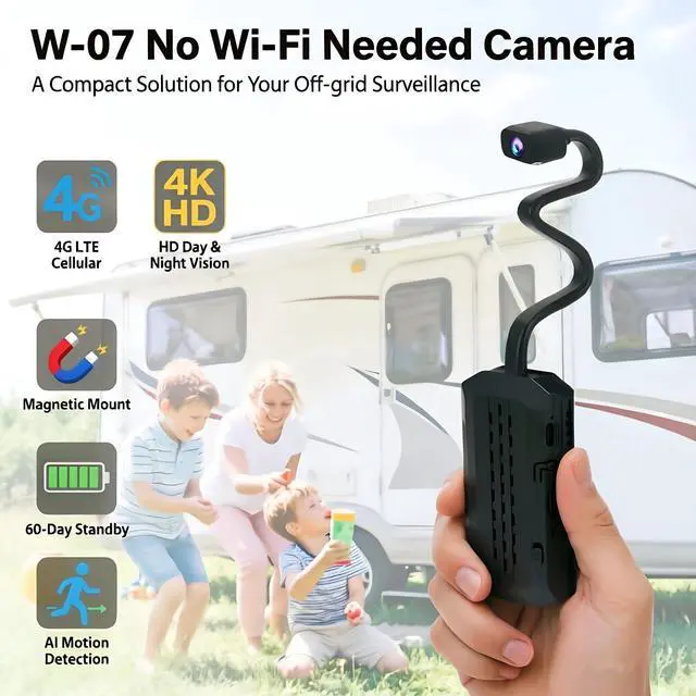 Alt view image 2 of 7 - 4K Mini Goose-Neck 4G LTE Cellular Security Camera with SIM Card, No WiFi Required, Color Night Vision, Magnetic Mount, 60-Day Standby Life, AI Motion Detection (W-07)