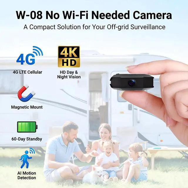 Alt view image 2 of 7 - 4K Mini Portable 4G LTE Cellular Security Camera with SIM Card, No WiFi Required, Magnetic Mount, 60-Day Standby Time, Color Night Vision, AI Motion Detection (W-08)