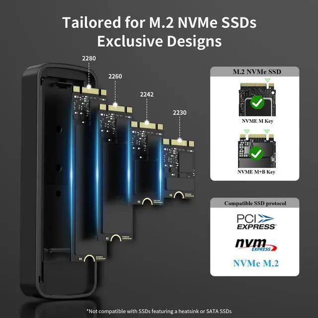 Alt view image 3 of 7 - M.2 NVMe SSD Enclosure USB 3.2 Gen 2 10Gbps, Tool-Free External SSD Case Reader, Aluminum Cooling, Compatible with M&M+B Key NVMe SSD, Fit 2230/2242/2262/2280 (Black)