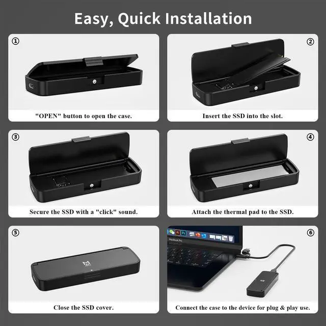 Alt view image 7 of 7 - M.2 NVMe SSD Enclosure USB 3.2 Gen 2 10Gbps, Tool-Free External SSD Case Reader, Aluminum Cooling, Compatible with M&M+B Key NVMe SSD, Fit 2230/2242/2262/2280 (Black)