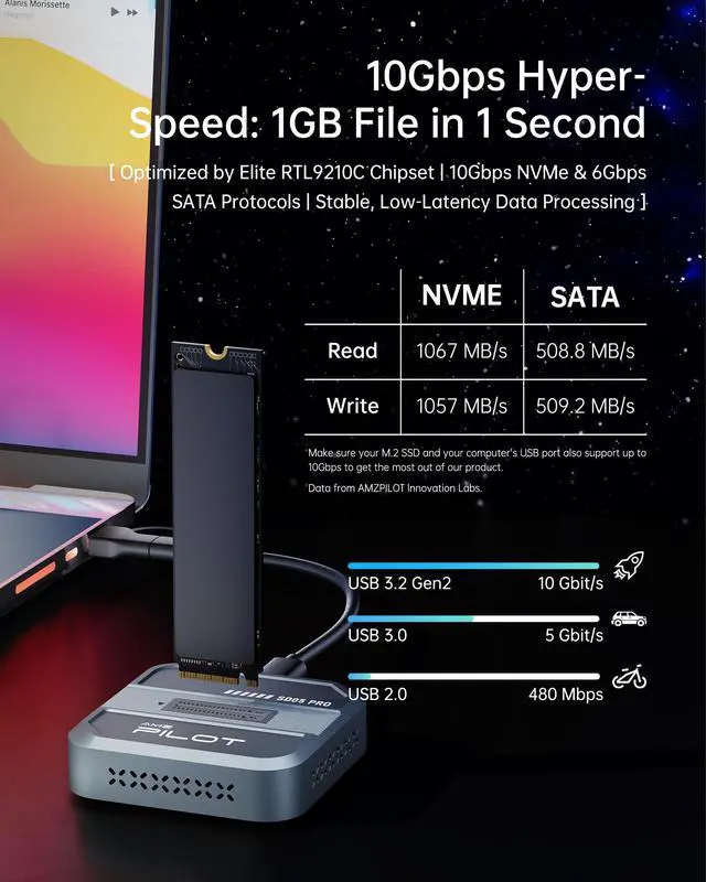 Alt view image 5 of 7 - SD05 Pro M.2 SSD to USB C Docking Station, 10Gbps NVMe PCIe SATA NGFF External Reader, RTL9210C Chip Tool-Free Aluminum Enclosure with 3-Sided Cooling & Portable Organizer Case, 4TB, Gray