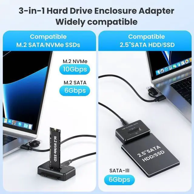 Alt view image 2 of 6 - Hard Drive Enclosure, M.2 NVMe/NGFF SSD Reader Adapter, Compatible 2.5Inch SATA SSD and Mechanical Hard Drive, Up to 10Gbps Data Speed Support,with Heat Dissipation Port