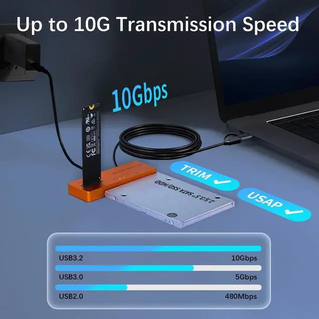 Alt view image 2 of 7 - 10Gbps M.2 NVMe SATA SSD Enclosure, Tool-Free PCIe NVMe Adapter, USB 3.2 External Hard Drive Reader, M-Key Compatible with All M.2/SATA SSDs (2.5/3.5 Inch), with 30W USB-C Charger & Cables