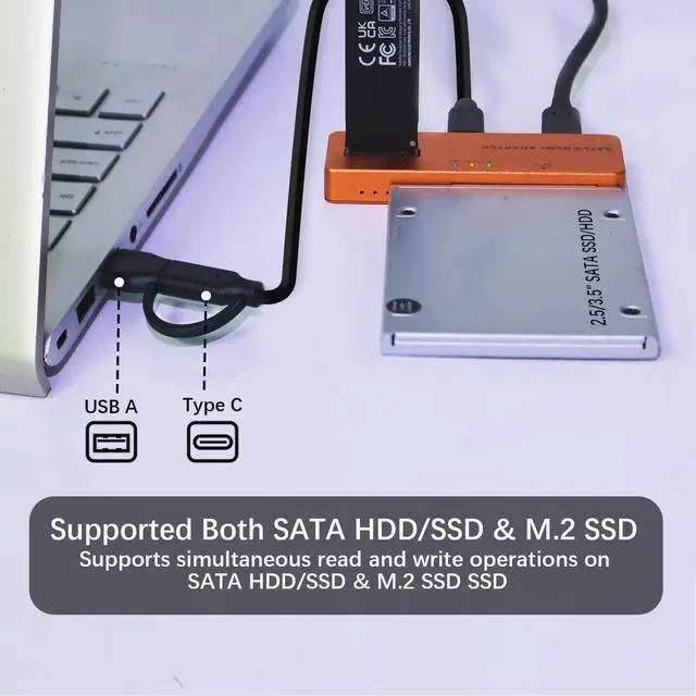 Alt view image 3 of 7 - 10Gbps M.2 NVMe SATA SSD Enclosure, Tool-Free PCIe NVMe Adapter, USB 3.2 External Hard Drive Reader, M-Key Compatible with All M.2/SATA SSDs (2.5/3.5 Inch), with 30W USB-C Charger & Cables