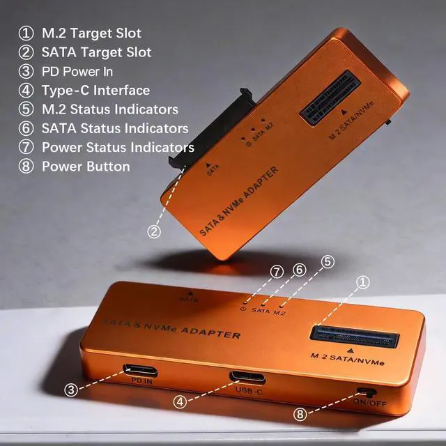Alt view image 5 of 7 - 10Gbps M.2 NVMe SATA SSD Enclosure, Tool-Free PCIe NVMe Adapter, USB 3.2 External Hard Drive Reader, M-Key Compatible with All M.2/SATA SSDs (2.5/3.5 Inch), with 30W USB-C Charger & Cables