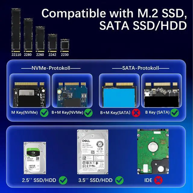 Alt view image 4 of 7 - 10Gbps M.2 NVMe SATA SSD Enclosure, Tool-Free PCIe NVMe Adapter, USB 3.2 External Hard Drive Reader, M-Key Compatible with All M.2/SATA SSDs (2.5/3.5 Inch), with 30W USB-C Charger & Cables