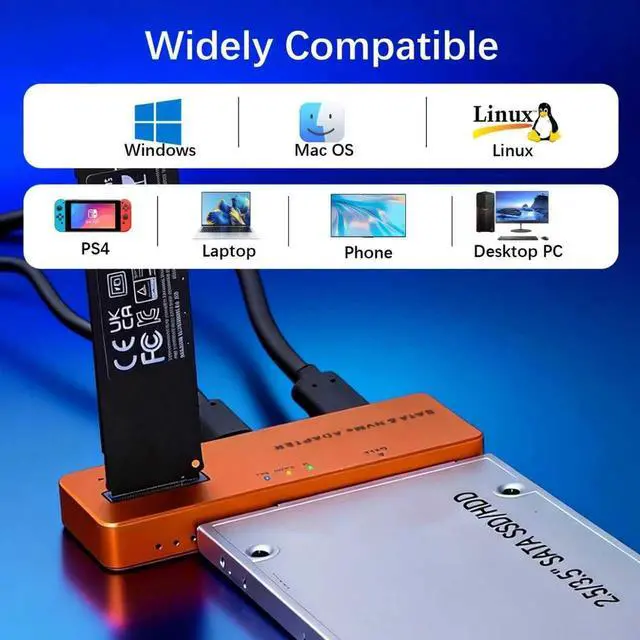 Alt view image 6 of 7 - 10Gbps M.2 NVMe SATA SSD Enclosure, Tool-Free PCIe NVMe Adapter, USB 3.2 External Hard Drive Reader, M-Key Compatible with All M.2/SATA SSDs (2.5/3.5 Inch), with 30W USB-C Charger & Cables