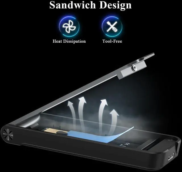 Alt view image 3 of 7 - M.2 NVMe SSD Enclosure, M.2 NVMe to USB Adapter, USB 3.2 Gen 2 (10Gbps) SSD Reader for M & M+B Key, Sandwich Style Design, Tool-Free Installation, Support UASP and Trim (Grey)