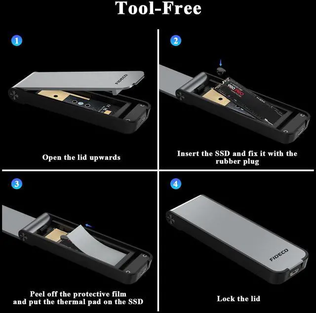 Alt view image 6 of 7 - M.2 NVMe SSD Enclosure, M.2 NVMe to USB Adapter, USB 3.2 Gen 2 (10Gbps) SSD Reader for M & M+B Key, Sandwich Style Design, Tool-Free Installation, Support UASP and Trim (Grey)
