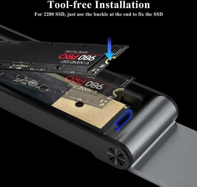 Alt view image 5 of 7 - M.2 NVMe SSD Enclosure, M.2 NVMe to USB Adapter, USB 3.2 Gen 2 (10Gbps) SSD Reader for M & M+B Key, Sandwich Style Design, Tool-Free Installation, Support UASP and Trim (Grey)