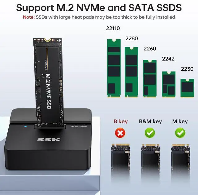 Alt view image 2 of 6 - SSD to USB Adapter, M.2 NVMe & SATA SSD Dock Enclosure, 10Gbps USB3.2 Gen 2 M.2 Docking Station for M Key/B+M Key PCIE3.0/4.0/5.0SSD Reader