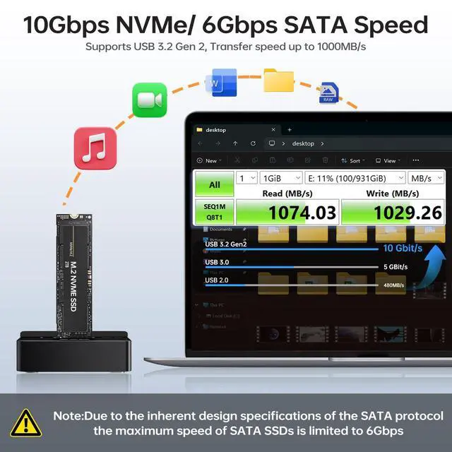 Alt view image 3 of 6 - SSD to USB Adapter, M.2 NVMe & SATA SSD Dock Enclosure, 10Gbps USB3.2 Gen 2 M.2 Docking Station for M Key/B+M Key PCIE3.0/4.0/5.0SSD Reader