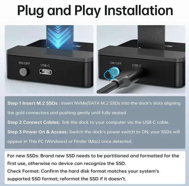 Alt view image 5 of 6 - SSD to USB Adapter, M.2 NVMe & SATA SSD Dock Enclosure, 10Gbps USB3.2 Gen 2 M.2 Docking Station for M Key/B+M Key PCIE3.0/4.0/5.0SSD Reader