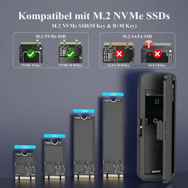 Alt view image 3 of 7 - NVMe Enclosure, Tool-Free Installation, USB 3.2 Gen 2 (10 Gbps) to M.2 NVME M-Key/(B+M) Key PCIe SSD Adapter Support UASP and Trim, for SSDs 2230/2242 /2260/2280 (Black)