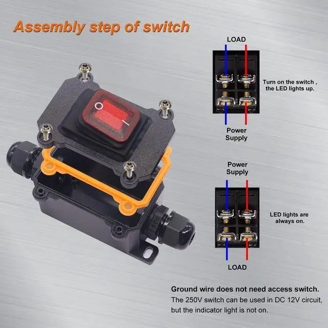 Alt view image 5 of 6 - IP67 Waterproof Inline Cord Switch ON/OFF 20A 250V/16A 125V Red LED Inline Power lamp Switch Outdoor Switch
