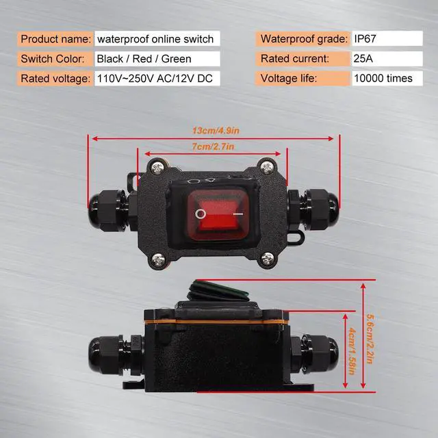 Alt view image 6 of 6 - IP67 Waterproof Inline Cord Switch ON/OFF 20A 250V/16A 125V Red LED Inline Power lamp Switch Outdoor Switch
