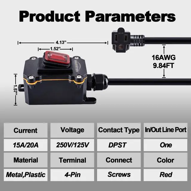 Alt view image 2 of 6 - Inline Cord Switch with 10FT Cable Piggyback Plug(3-Pronged), IP67 Waterproof Extension Cord with On/Off Switch, AC/DC 20A-125V,16A-250V Inline Power Switch with Red LED Rocker Button