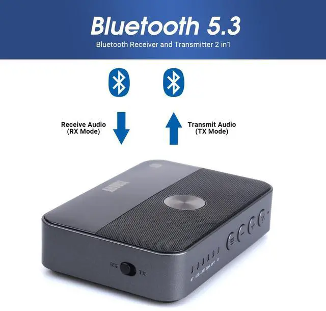 Alt view image 2 of 5 - MR285 Bluetooth Transmitter Receiver for AUX, RCA, Optical, Coaxial and USB - NFC Bluetooth Audio Adapter for TV, Car, Headphones - Rechargeable Battery, Dual Audio and Multipoint, Wired Bypass