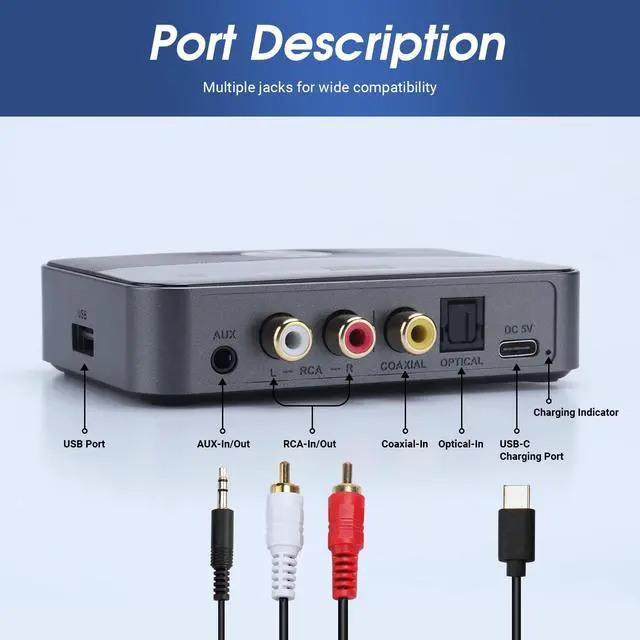Alt view image 4 of 5 - MR285 Bluetooth Transmitter Receiver for AUX, RCA, Optical, Coaxial and USB - NFC Bluetooth Audio Adapter for TV, Car, Headphones - Rechargeable Battery, Dual Audio and Multipoint, Wired Bypass