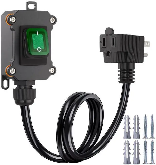 Main image of Inline Switch Extension Cord 14awg 3-Prong Piggyback Plug, Ip67 Waterproof Extension Cord with Switch On/Off, Ac/dc 20a-125v with Green LED Outdoor Rocker, Etl Listed(Black, 3ft)
