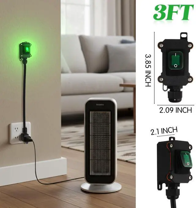 Alt view image 6 of 7 - Inline Switch Extension Cord 14awg 3-Prong Piggyback Plug, Ip67 Waterproof Extension Cord with Switch On/Off, Ac/dc 20a-125v with Green LED Outdoor Rocker, Etl Listed(Black, 3ft)