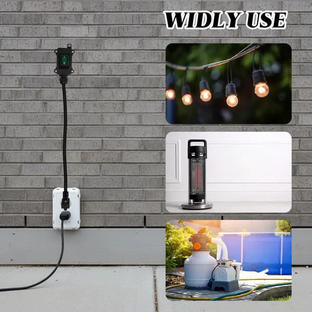 Alt view image 7 of 7 - Inline Switch Extension Cord 14awg 3-Prong Piggyback Plug, Ip67 Waterproof Extension Cord with Switch On/Off, Ac/dc 20a-125v with Green LED Outdoor Rocker, Etl Listed(Black, 3ft)