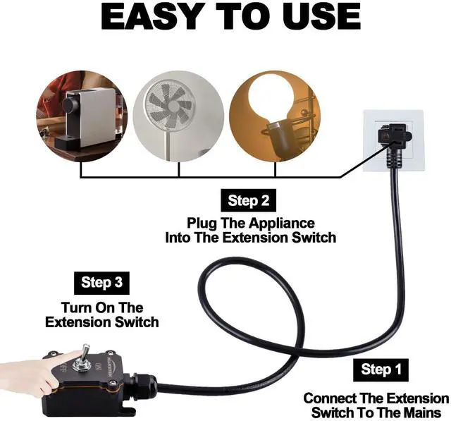 Alt view image 4 of 4 - Inline Cord Switch with 3FT Cable Piggyback Plug(3-Pronged), IP67 Waterproof Extension Cord with On/Off Switch, AC/DC 20A-125V,16A-250V Inline Power Switch with Toggle Switch