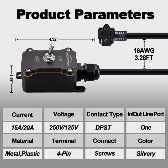 Alt view image 2 of 4 - Inline Cord Switch with 3FT Cable Piggyback Plug(3-Pronged), IP67 Waterproof Extension Cord with On/Off Switch, AC/DC 20A-125V,16A-250V Inline Power Switch with Toggle Switch