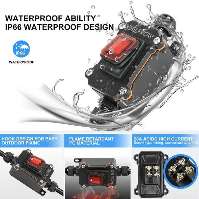 Alt view image 3 of 6 - Waterproof On Off Toggle Switch Double Outlet with Red Light Rocker Button Inline Cord Switch DPST AC/DC 20A-125V,16A-250V,30A-24V,35A-12V, IP66