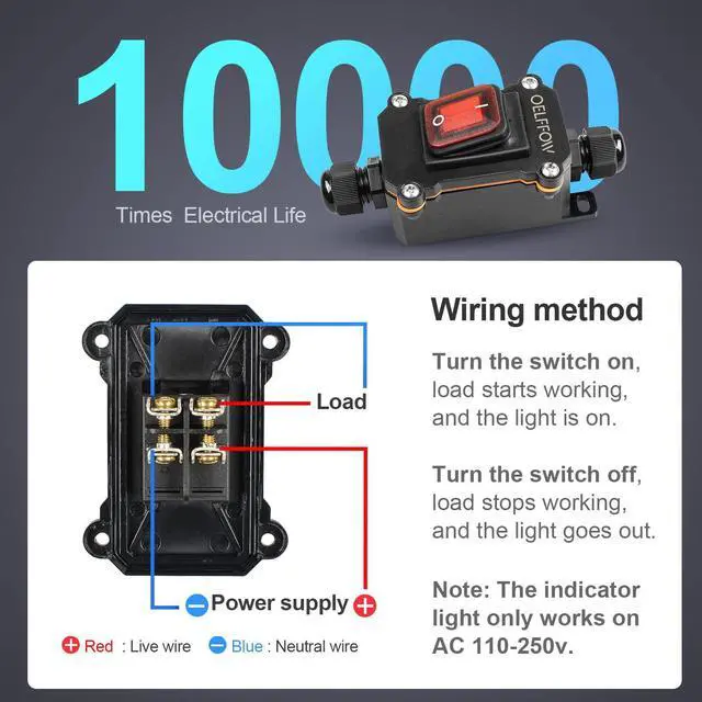 Alt view image 5 of 6 - Waterproof On Off Toggle Switch Double Outlet with Red Light Rocker Button Inline Cord Switch DPST AC/DC 20A-125V,16A-250V,30A-24V,35A-12V, IP66
