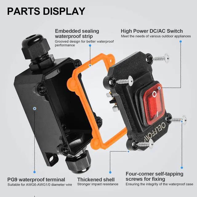 Alt view image 4 of 6 - Waterproof On Off Toggle Switch Double Outlet with Red Light Rocker Button Inline Cord Switch DPST AC/DC 20A-125V,16A-250V,30A-24V,35A-12V, IP66