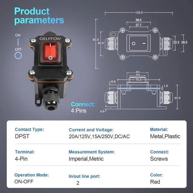 Alt view image 2 of 6 - Waterproof On Off Toggle Switch Double Outlet with Red Light Rocker Button Inline Cord Switch DPST AC/DC 20A-125V,16A-250V,30A-24V,35A-12V, IP66