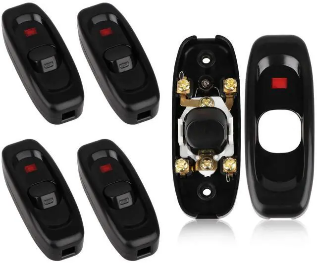 Main image of 5 Pcs Inline Switch, Cord Appliance Black Switch, Button ON OFF for Lamp, Rated 10A 250V, Replacement Repair Control LED Electrical Extension Cable Wire Plug Light Wiring - With Indicator Neon