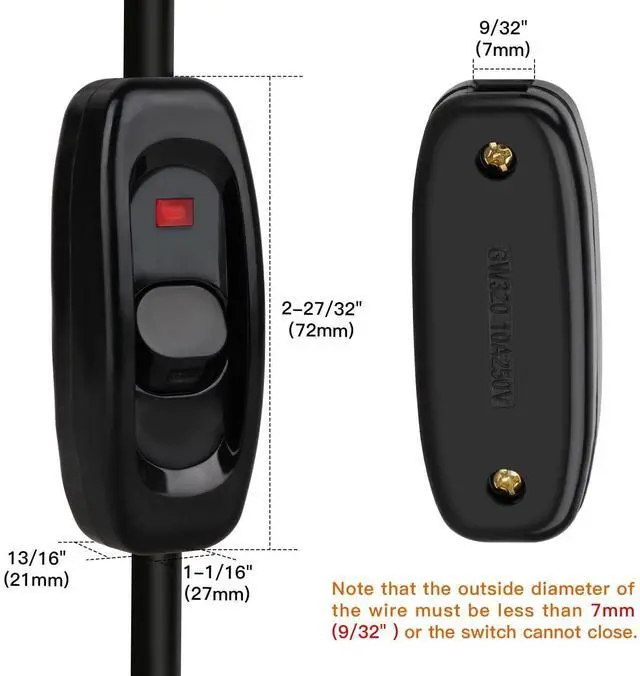 Alt view image 2 of 7 - 5 Pcs Inline Switch, Cord Appliance Black Switch, Button ON OFF for Lamp, Rated 10A 250V, Replacement Repair Control LED Electrical Extension Cable Wire Plug Light Wiring - With Indicator Neon