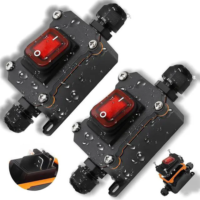 Main image of 2 PCS IP67 Waterproof Inline Cord Switch with Red Light Rocker Button, for AC/DC 16A-250V,20A-125V, 30A-24V DPST, for Marine, Outdoor Equipment Outdoor/Indoor Two-Side Entry & Exit Line