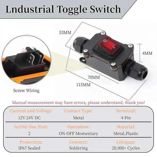 Alt view image 2 of 6 - 2 PCS IP67 Waterproof Inline Cord Switch with Red Light Rocker Button, for AC/DC 16A-250V,20A-125V, 30A-24V DPST, for Marine, Outdoor Equipment Outdoor/Indoor Two-Side Entry & Exit Line