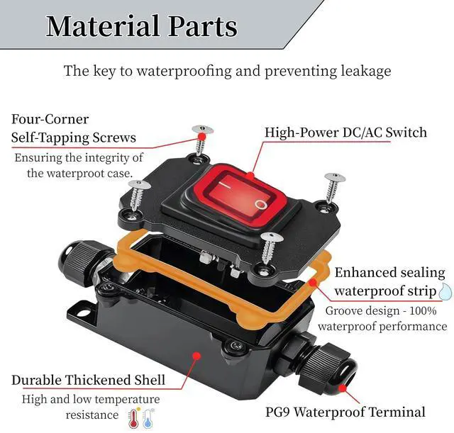 Alt view image 3 of 6 - 2 PCS IP67 Waterproof Inline Cord Switch with Red Light Rocker Button, for AC/DC 16A-250V,20A-125V, 30A-24V DPST, for Marine, Outdoor Equipment Outdoor/Indoor Two-Side Entry & Exit Line