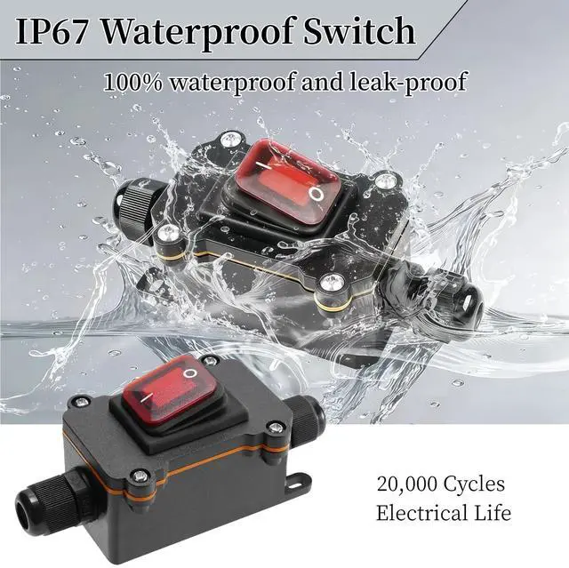 Alt view image 4 of 6 - 2 PCS IP67 Waterproof Inline Cord Switch with Red Light Rocker Button, for AC/DC 16A-250V,20A-125V, 30A-24V DPST, for Marine, Outdoor Equipment Outdoor/Indoor Two-Side Entry & Exit Line