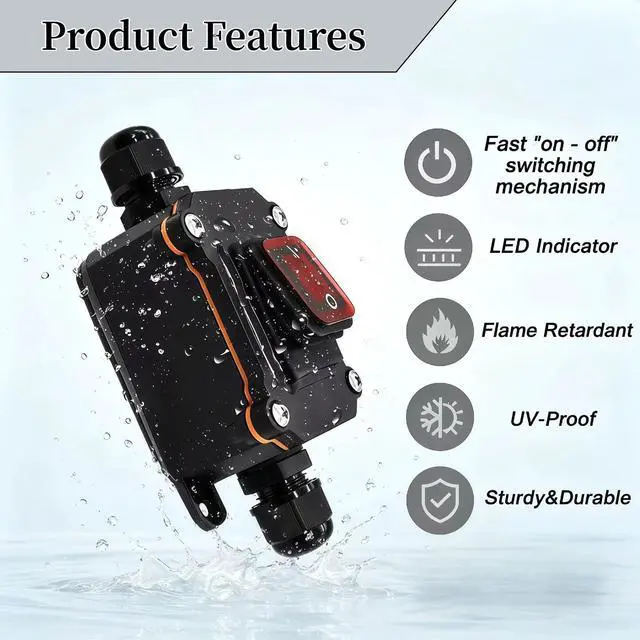 Alt view image 5 of 6 - 2 PCS IP67 Waterproof Inline Cord Switch with Red Light Rocker Button, for AC/DC 16A-250V,20A-125V, 30A-24V DPST, for Marine, Outdoor Equipment Outdoor/Indoor Two-Side Entry & Exit Line